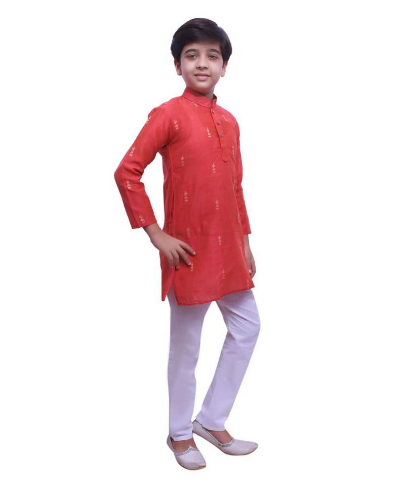 Red Printed Cotton Boys Kurta Pajama Set