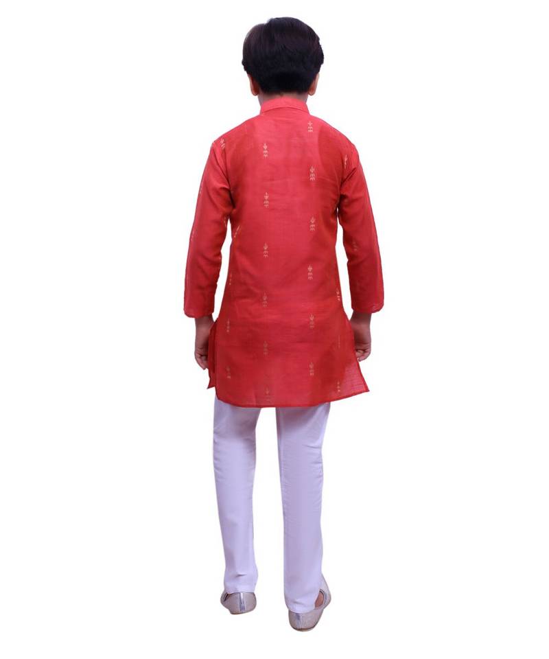 Red Printed Cotton Boys Kurta Pajama Set