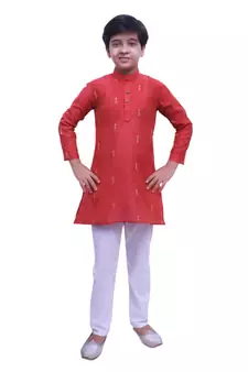 Red Printed Cotton Boys Kurta Pajama Set