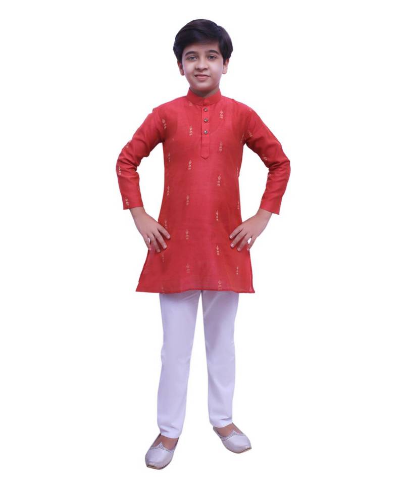 Red Printed Cotton Boys Kurta Pajama Set