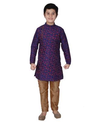 Blue Floral Design Silk  Boys Kurta Pajama Set 1