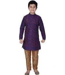 Blue Floral Design Silk  Boys Kurta Pajama Set
