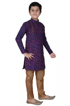 Blue Floral Design Silk  Boys Kurta Pajama Set