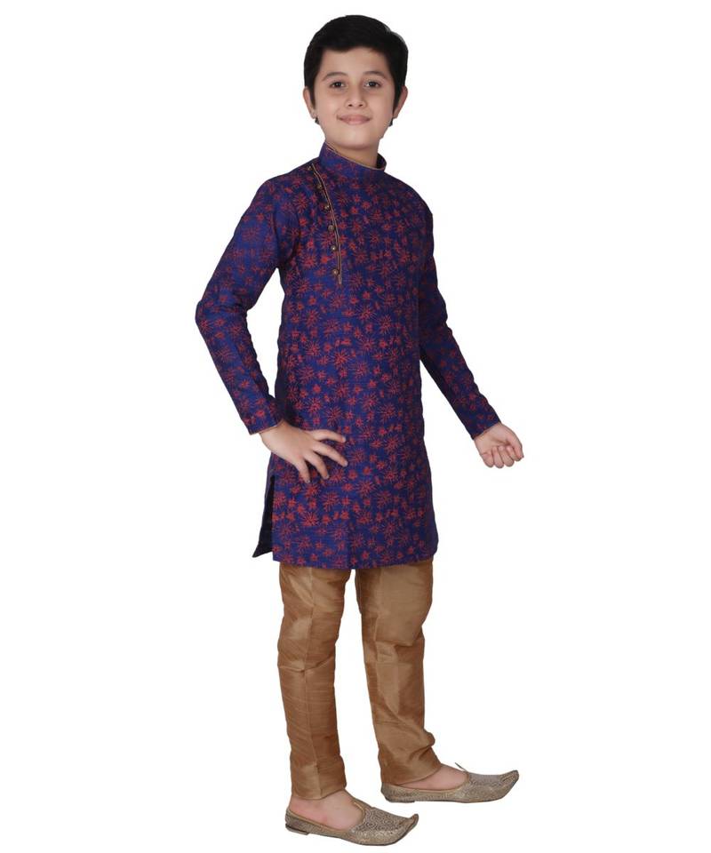 Blue Floral Design Silk  Boys Kurta Pajama Set