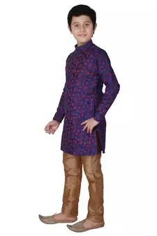 Blue Floral Design Silk  Boys Kurta Pajama Set