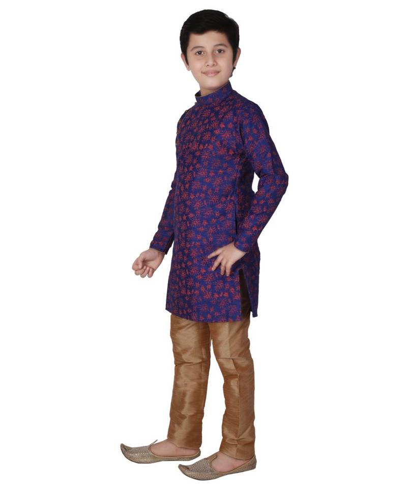 Blue Floral Design Silk  Boys Kurta Pajama Set