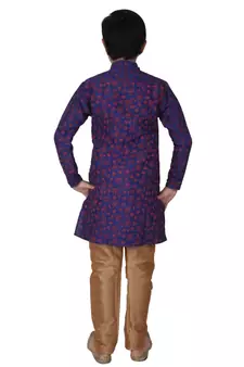 Blue Floral Design Silk  Boys Kurta Pajama Set