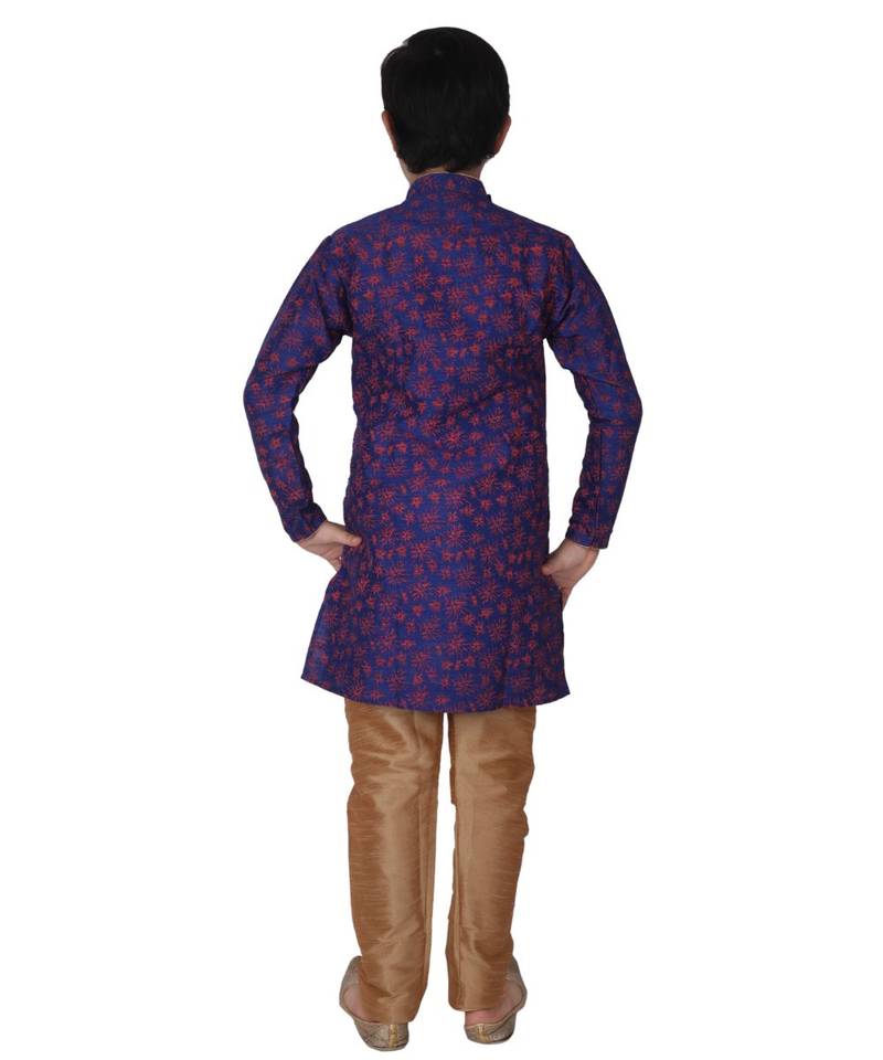 Blue Floral Design Silk  Boys Kurta Pajama Set