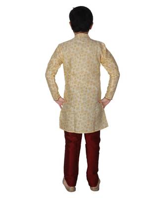 Gold Floral Design Silk  Boys Kurta Pajama Set 2