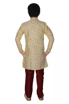 Gold Floral Design Silk  Boys Kurta Pajama Set