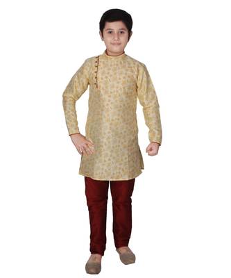 Gold Floral Design Silk  Boys Kurta Pajama Set 1