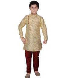 Gold Floral Design Silk  Boys Kurta Pajama Set