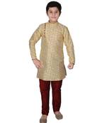 Gold Floral Design Silk  Boys Kurta Pajama Set