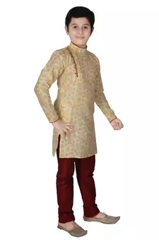 Gold Floral Design Silk  Boys Kurta Pajama Set