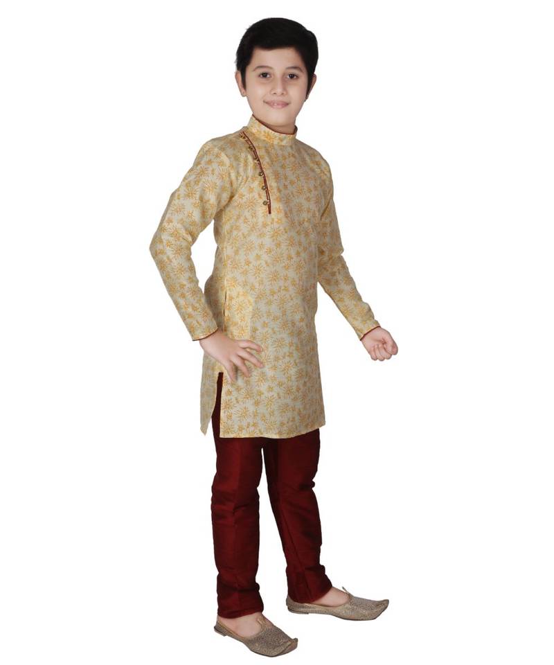 Gold Floral Design Silk  Boys Kurta Pajama Set