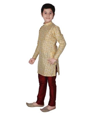 Gold Floral Design Silk  Boys Kurta Pajama Set 4