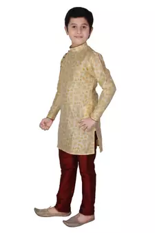 Gold Floral Design Silk  Boys Kurta Pajama Set