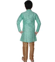 Green Floral Design Silk  Boys Kurta Pajama Set