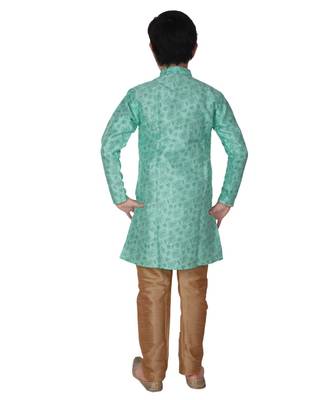 Green Floral Design Silk  Boys Kurta Pajama Set 2