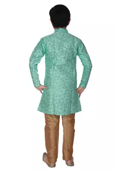 Green Floral Design Silk  Boys Kurta Pajama Set
