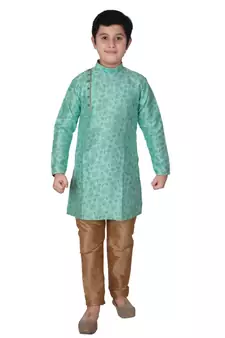Green Floral Design Silk  Boys Kurta Pajama Set