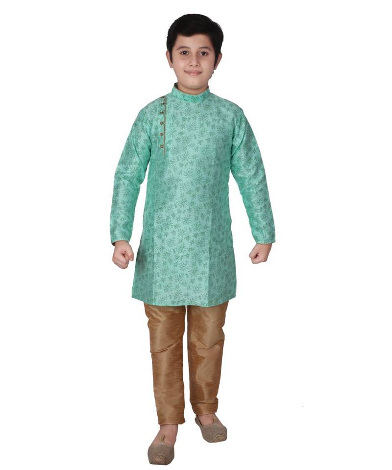 Green Floral Design Silk  Boys Kurta Pajama Set