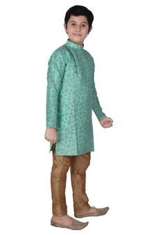 Green Floral Design Silk  Boys Kurta Pajama Set