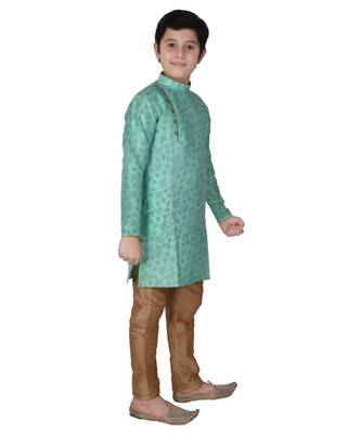Green Floral Design Silk  Boys Kurta Pajama Set 1