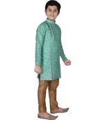 Green Floral Design Silk  Boys Kurta Pajama Set