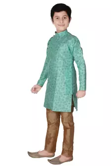 Green Floral Design Silk  Boys Kurta Pajama Set