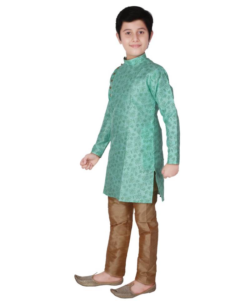 Green Floral Design Silk  Boys Kurta Pajama Set