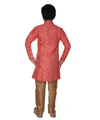 Pink Floral Design Silk  Boys Kurta Pajama Set 1