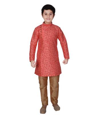 Pink Floral Design Silk  Boys Kurta Pajama Set 2