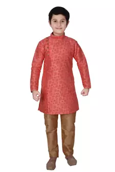 Pink Floral Design Silk  Boys Kurta Pajama Set