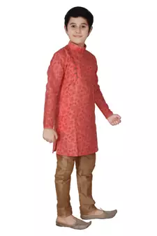 Pink Floral Design Silk  Boys Kurta Pajama Set