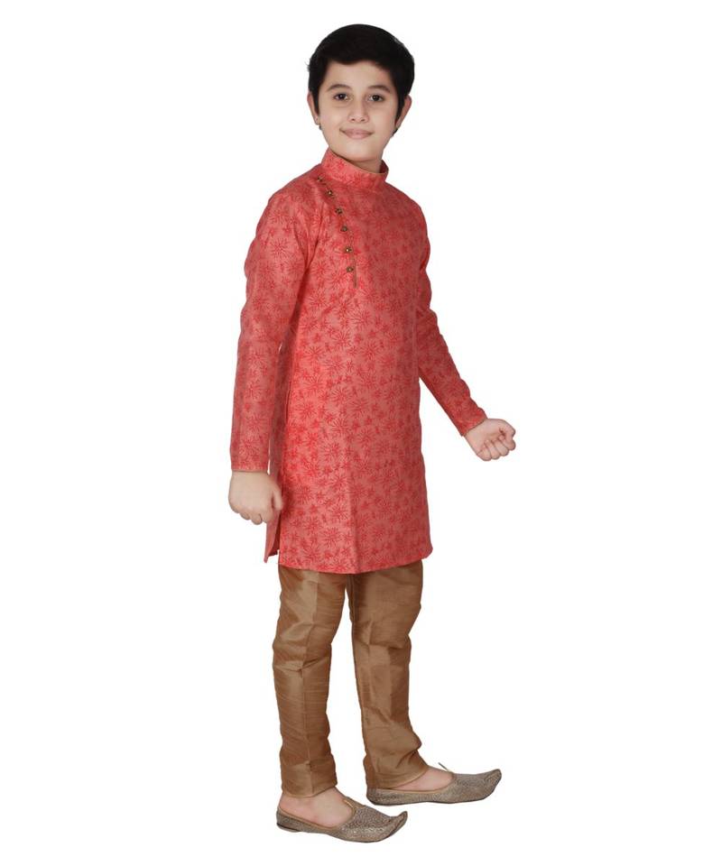 Pink Floral Design Silk  Boys Kurta Pajama Set