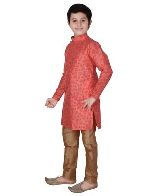 Pink Floral Design Silk  Boys Kurta Pajama Set 4