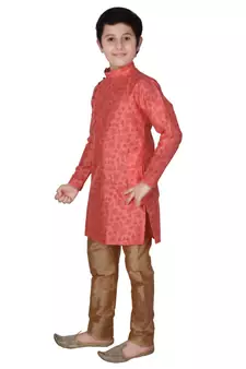 Pink Floral Design Silk  Boys Kurta Pajama Set