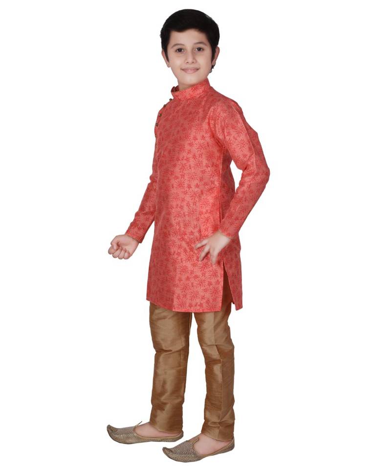 Pink Floral Design Silk  Boys Kurta Pajama Set