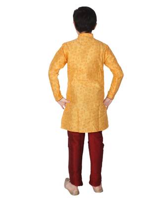 Yellow Floral Design Silk  Boys Kurta Pajama Set 2