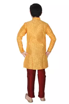 Yellow Floral Design Silk  Boys Kurta Pajama Set