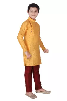 Yellow Floral Design Silk  Boys Kurta Pajama Set