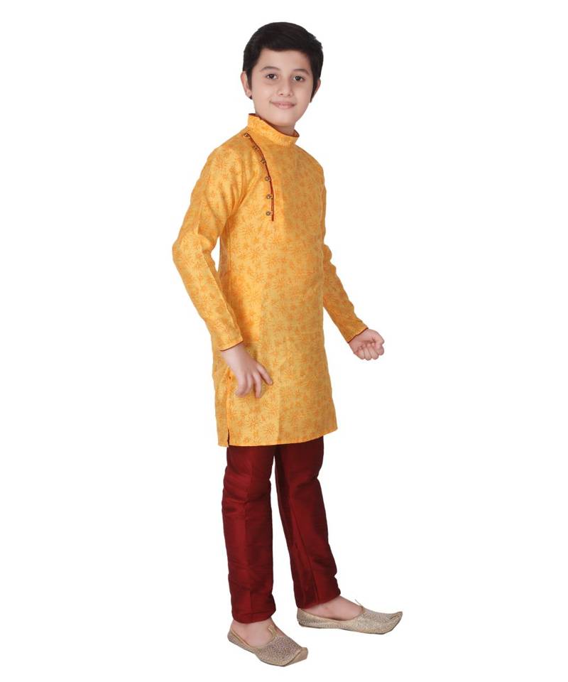 Yellow Floral Design Silk  Boys Kurta Pajama Set