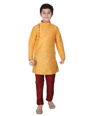 Yellow Floral Design Silk  Boys Kurta Pajama Set 4
