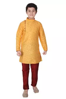 Yellow Floral Design Silk  Boys Kurta Pajama Set
