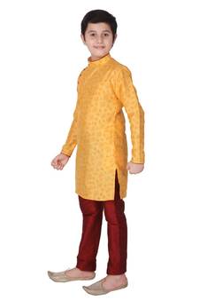 Yellow Floral Design Silk  Boys Kurta Pajama Set