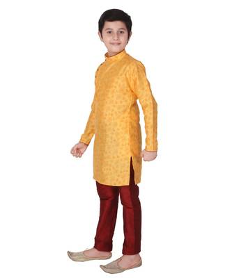 Yellow Floral Design Silk  Boys Kurta Pajama Set 1