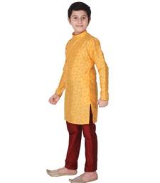 Yellow Floral Design Silk  Boys Kurta Pajama Set
