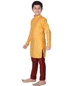 Yellow Floral Design Silk  Boys Kurta Pajama Set