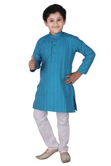 Firozi Strip Cotton Boys Kurta Pajama Set